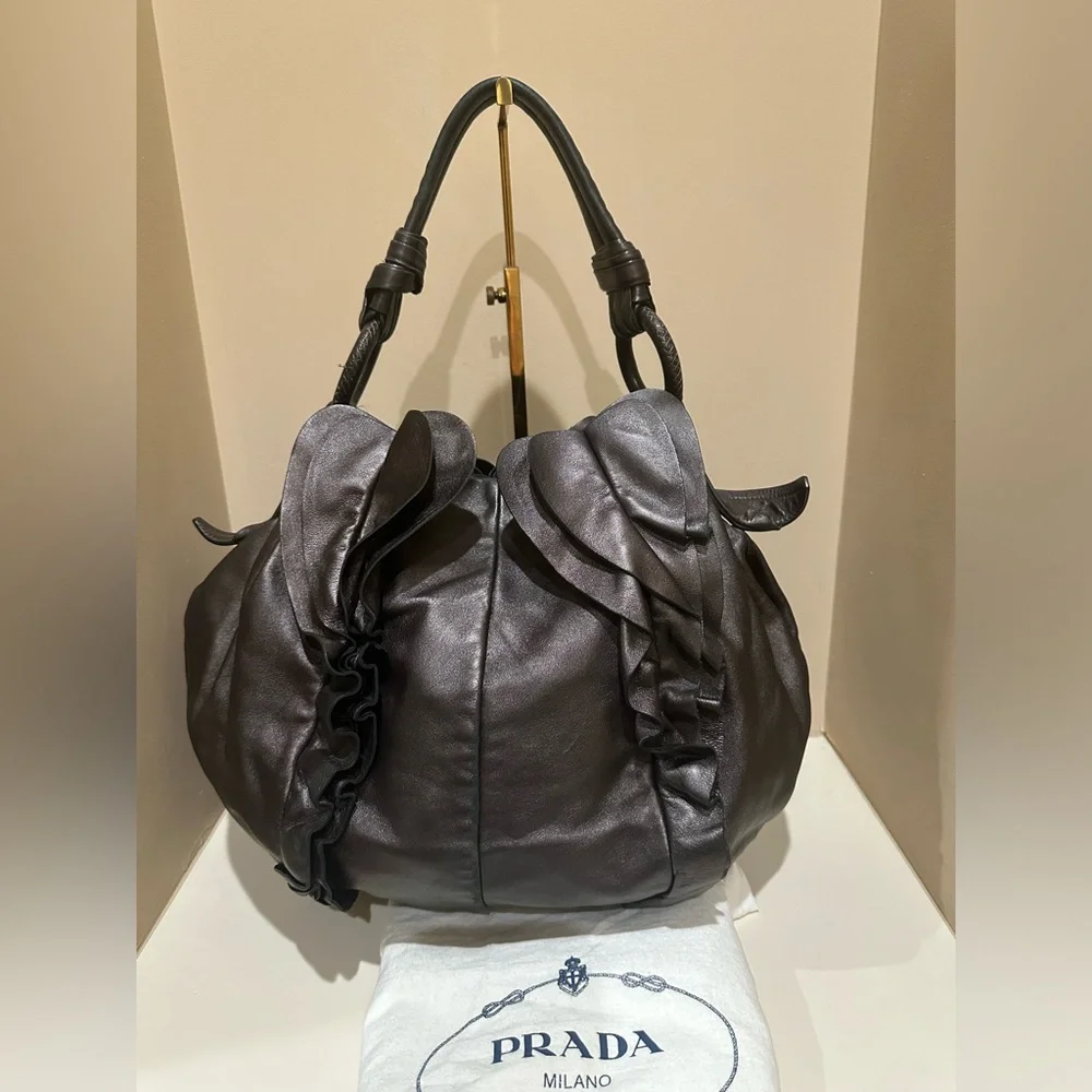 PRADA Nappa Mordore Leather Brown Ruffle Bag - Picture 9 of 14